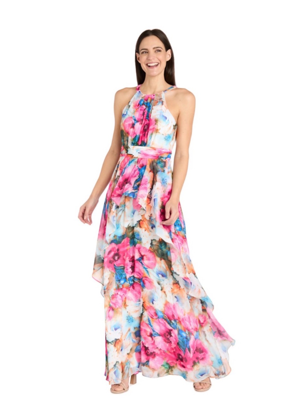 NWT - R&M Richards Pink Multi Floral Chiffon Halter Maxi Dress